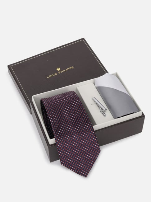 Louis Philippe Maroon Embroidered Tie, Pocket Square with Tiepin