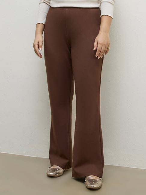 Gia by Westside Dark Brown Solid High-Rise Trousers