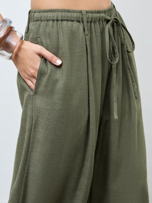 LOV by Westside Olive Solid High-Rise Flared Cotton-Blend Pants