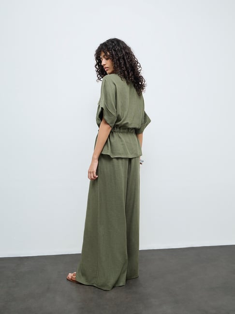 LOV by Westside Olive Solid High-Rise Flared Cotton-Blend Pants