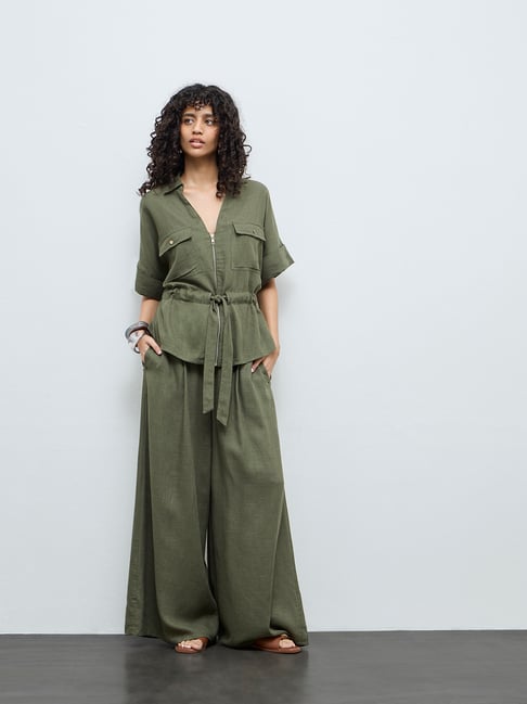 LOV by Westside Olive Solid High-Rise Flared Cotton-Blend Pants