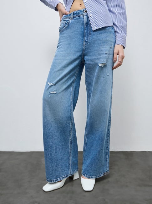 Nuon by Westside Blue Distressed High-Rise Jeans