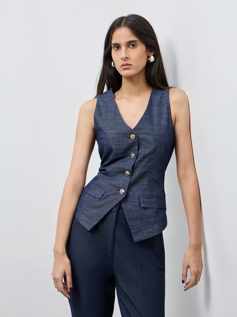 Wardrobe by Westside Navy Solid Cotton Waistcoat