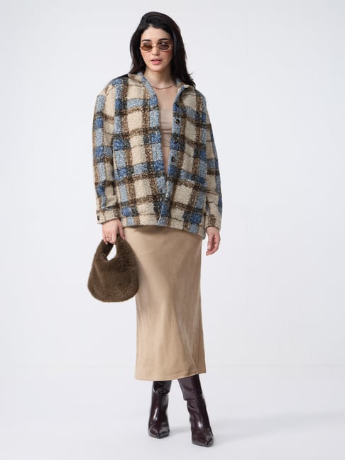 The Souled Store Plaid Teddy Shacket: Brown Women Shacket-picture-11