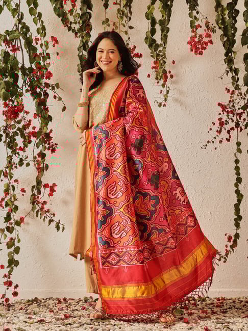 Silk Land Red Silk Printed Dupatta
