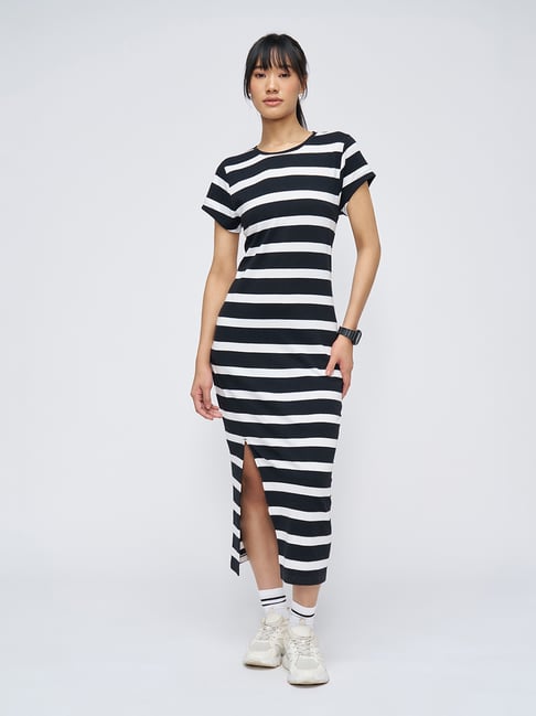Ajile By Pantaloons Black & White Striped Bodycon Dress