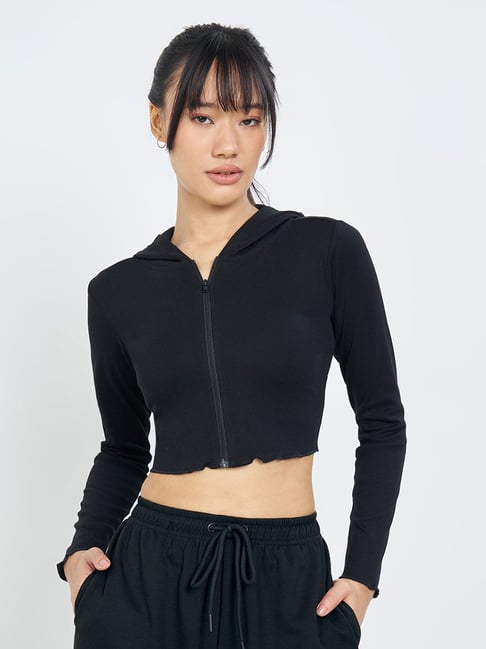 Ajile By Pantaloons Black Slim Fit Cropped Hoodie