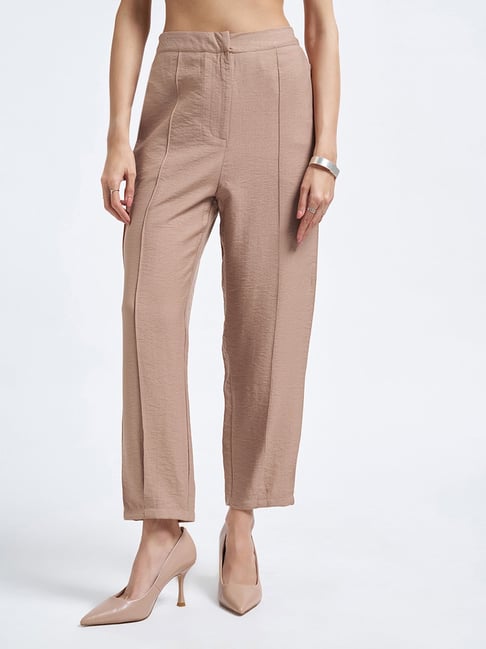 Annabelle By Pantaloons Beige Polyester Relaxed Fit High Rise Trousers