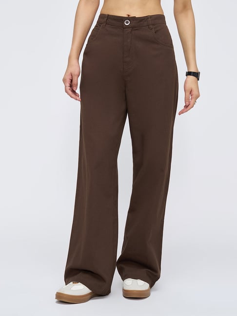 People By Pantaloons Brown Flared Fit Mid Rise Trousers