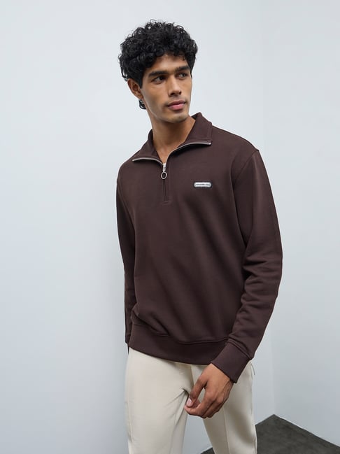 Nuoflexx by Westside Brown Relaxed-Fit Cotton-Blend Quarter-Zip Sweatshirt