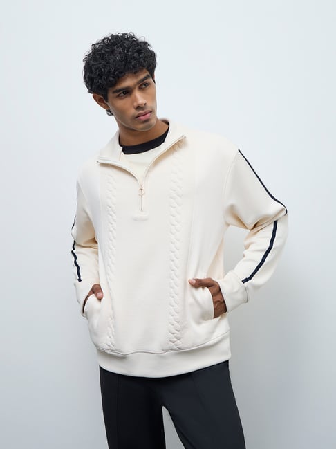 Nuoflexx by Westside Off-White Cable-Knit Relaxed-Fit Sweatshirt