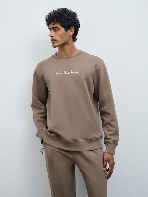Nuoflexx by Westside Taupe Cotton-Blend Relaxed-Fit Sweatshirt