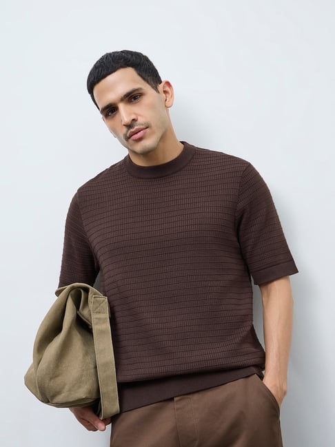 Ascot by Westside Dark Brown Textured Relaxed-Fit Cotton T-Shirt