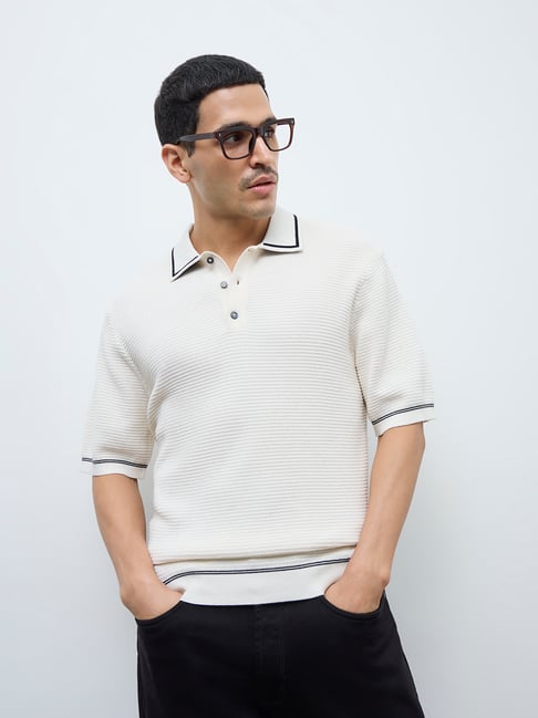 Ascot by Westside Off-White Relaxed-Fit Cotton-Blend Polo T-Shirt