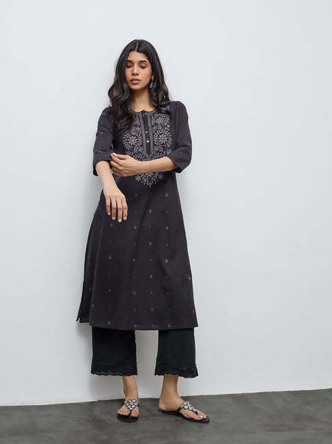 Utsa by Westside Black Floral Embroidered Cotton-Blend A-Line Kurta