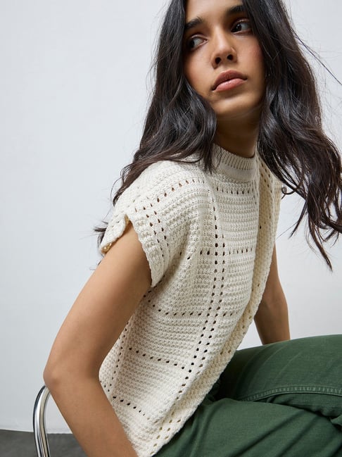 LOV by Westside Cream Crochet Knit-Textured Cotton-Blend Top