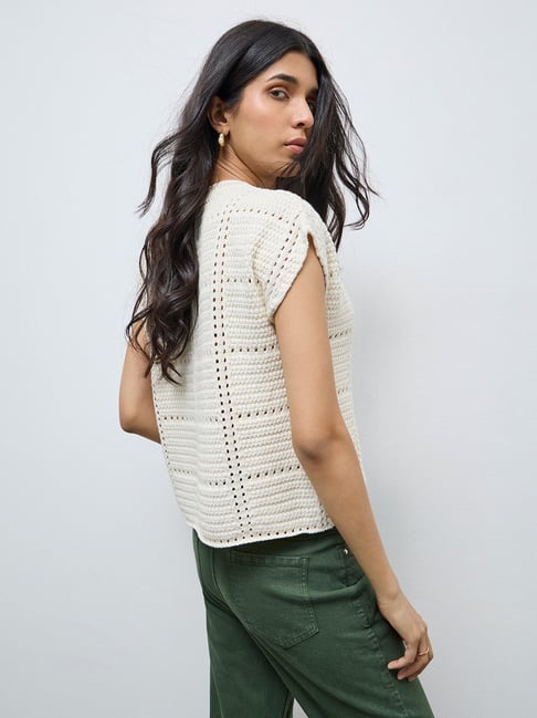 LOV by Westside Cream Crochet Knit-Textured Cotton-Blend Top