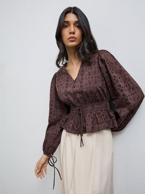 LOV by Westside Dark Brown Schiffli Embroidered Cotton Peplum Top