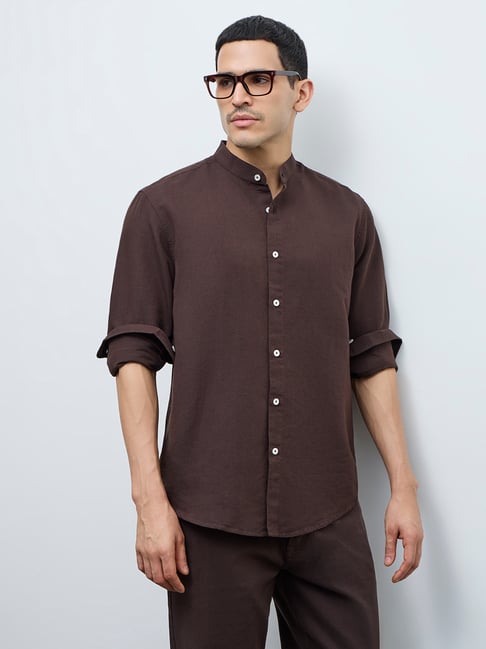 Ascot by Westside Dark Brown Solid Relaxed-Fit Linen-Blend Shirt