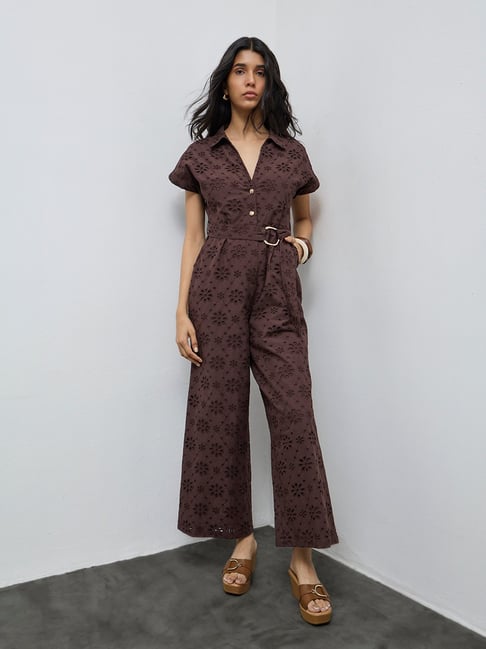 LOV by Westside Dark Brown Schiffli Embroidered Cotton Jumpsuit with Belt