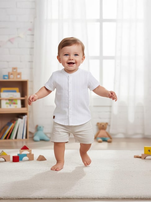 Miniklub Boys White Regular Fit Cotton Self Design Shirt