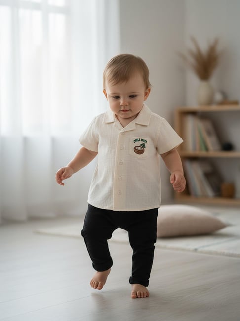 Miniklub Boys Cream Regular Fit Cotton Printed Shirt