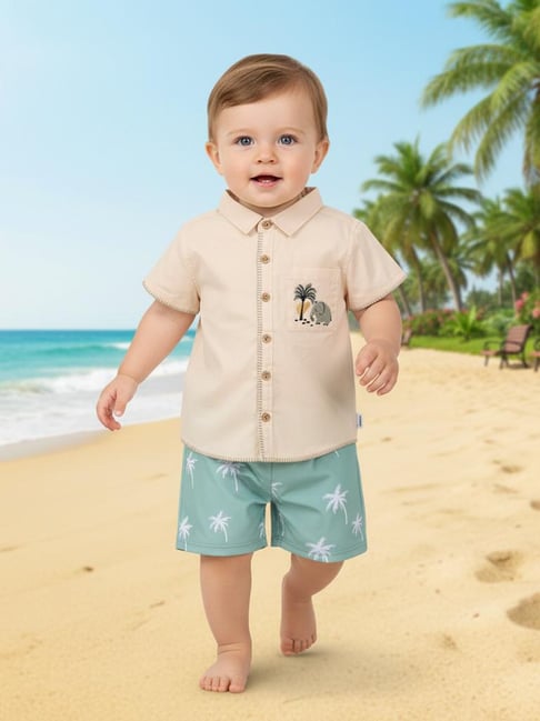 Miniklub Boys Ecru Regular Fit Cotton Embroidered Shirt