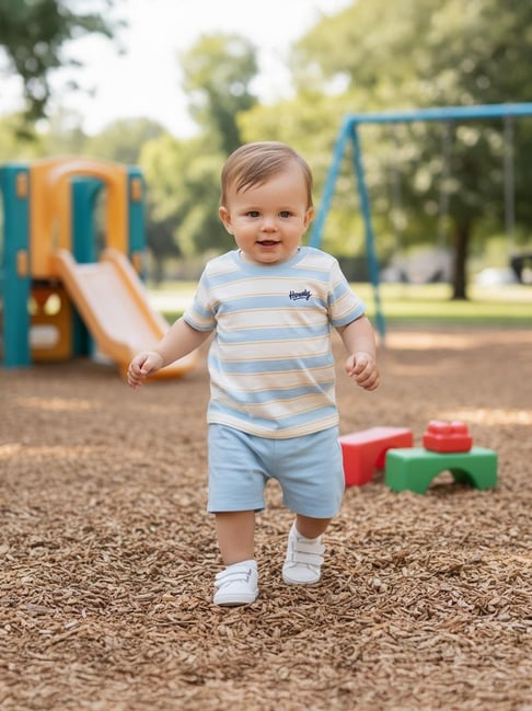 Miniklub Boys White and Blue Regular Fit Cotton Striped T-Shirt