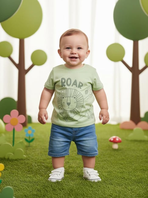Miniklub Boys Green Regular Fit Cotton Printed T-Shirt