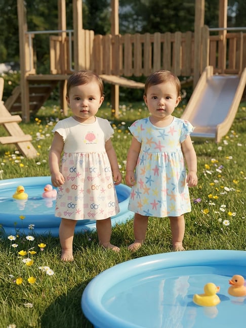 Miniklub Girls Multicolor Regular Fit Cotton Printed Dress - Pack of 2