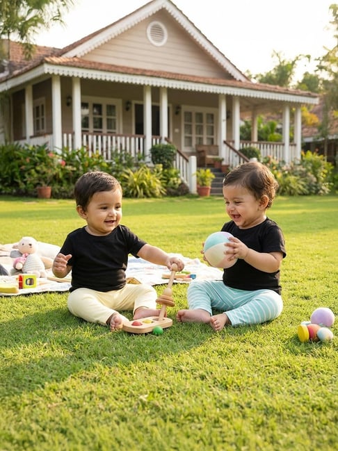 Miniklub Girls Beige and Blue Regular Fit Cotton Striped Knit Bottom - Pack of 2