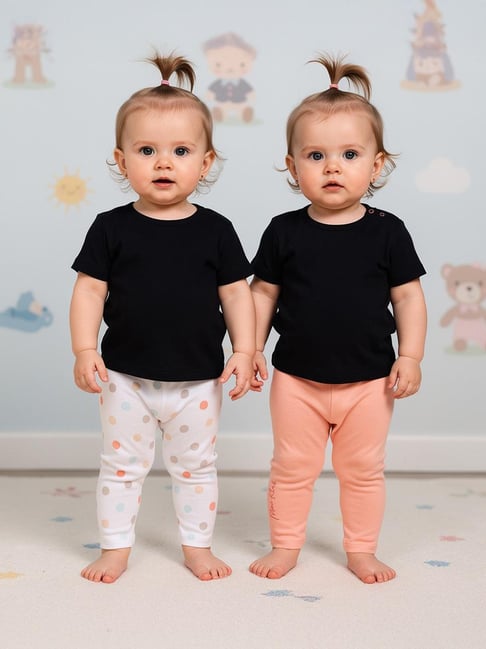 Miniklub Girls White and Peach Regular Fit Cotton Printed Knit Bottom - Pack of 2