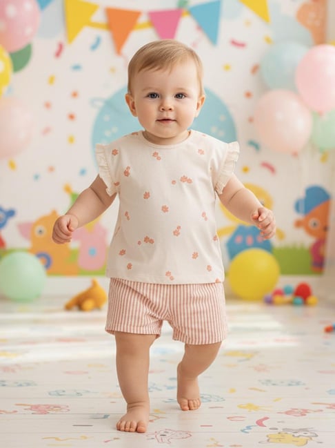 Miniklub Girls White and Peach Regular Fit Cotton Printed Clothing Set