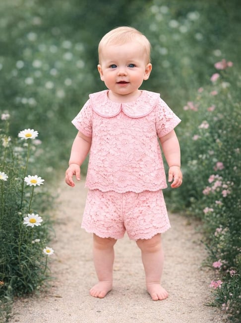 Miniklub Girls Peach Regular Fit Lace Clothing Set