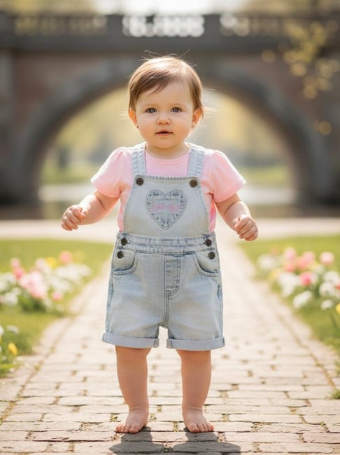 Miniklub Girls Blue and Pink Regular Fit Cotton Embroidered Dungaree Set