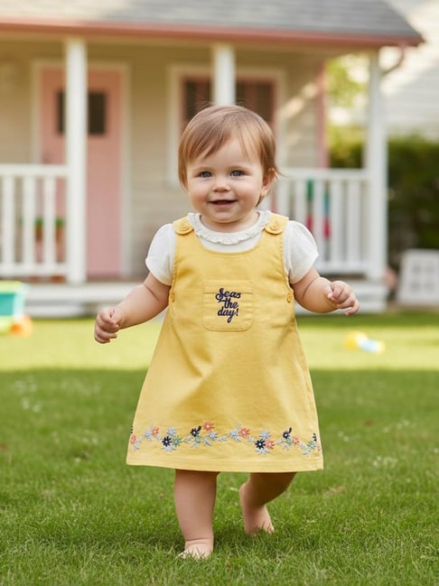 Miniklub Girls White and Yellow Regular Fit Cotton Embroidered Dungaree Set