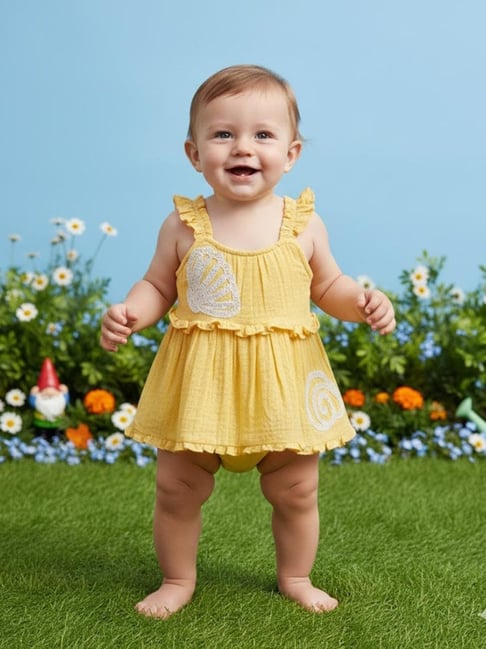 Miniklub Girls Yellow Regular Fit Cotton Embroidered Knit Top