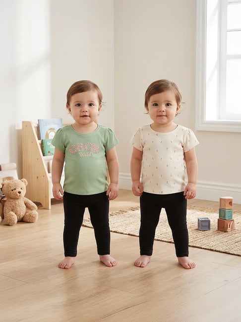 Miniklub Girls Cream and Green Regular Fit Cotton Printed Knit Top - Pack of 2