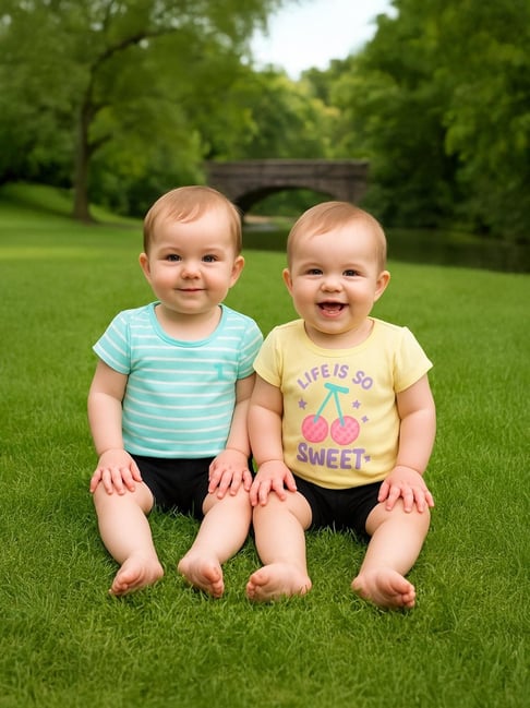 Miniklub Girls Yellow and Blue Regular Fit Cotton Printed Knit Top - Pack of 2