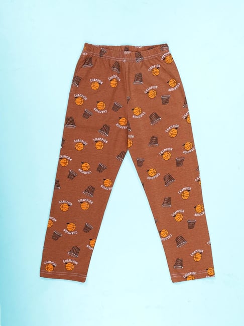 Kiddopanti Boys Brown Regular Fit Cotton Printed Pyjamas