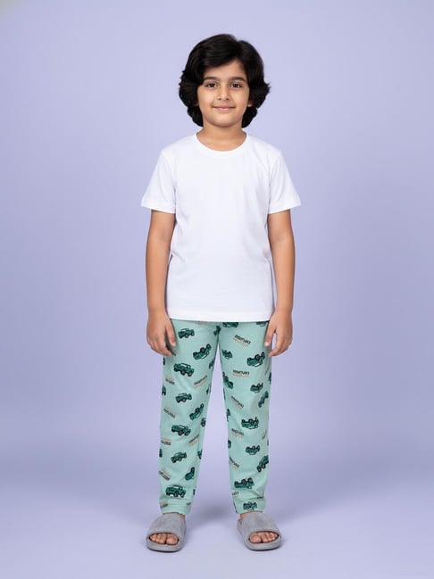 Kiddopanti Boys Light Green Regular Fit Cotton Printed Pyjamas