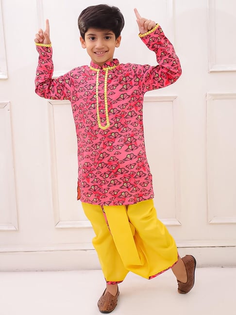 Twisha Coral & Yellow Boys Regular Fit Printed Kurta Dhoti set-picture-21
