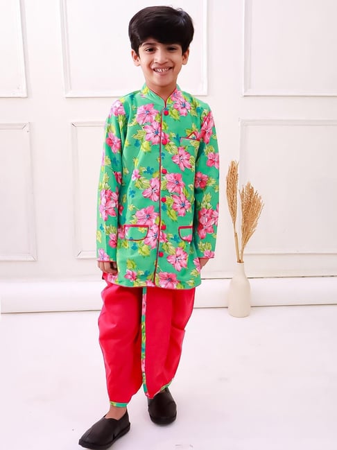 Twisha Sea Green & Pink Boys Regular Fit Printed Kurta Dhoti set-picture-47