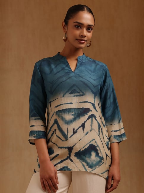 Soch Teal Blue Muslin Geometric Tunic