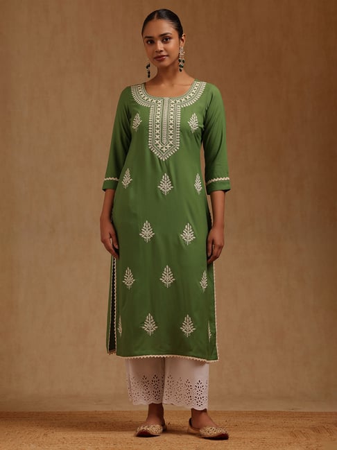 Soch Green Rayon Chikankari Embroidered Kurta-picture-20