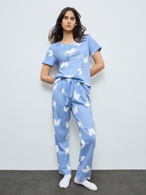 Wunderlove by Westside Light Blue Printed Cotton Pyjamas Set In A Bag