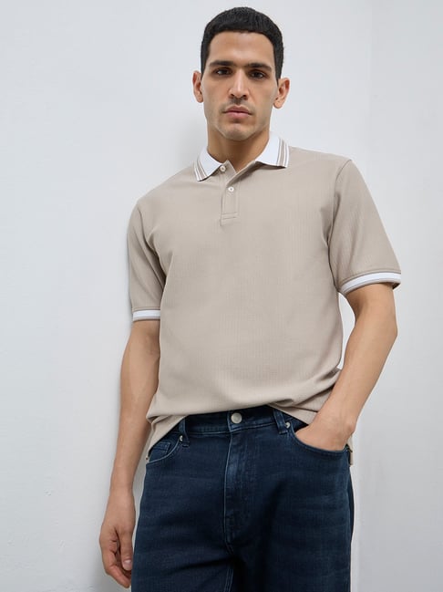 WES Casuals by Westside Taupe Textured Relaxed-Fit Polo T-Shirt