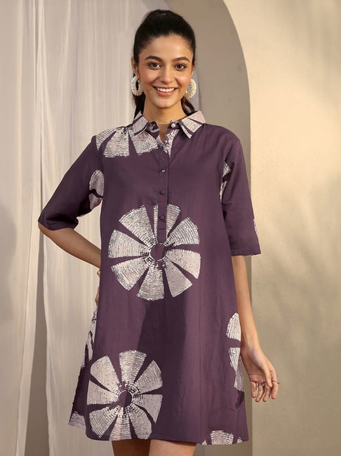 Libas Purple Cotton Relaxed Fit Floral Print Dress