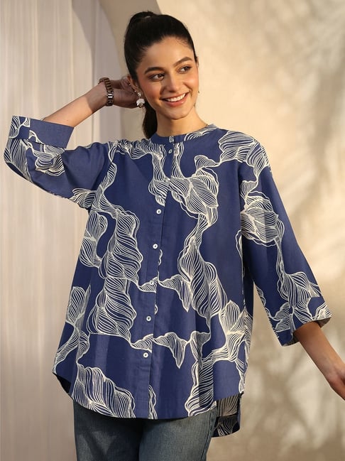 Libas Blue Cotton Regular Fit Printed Shirt