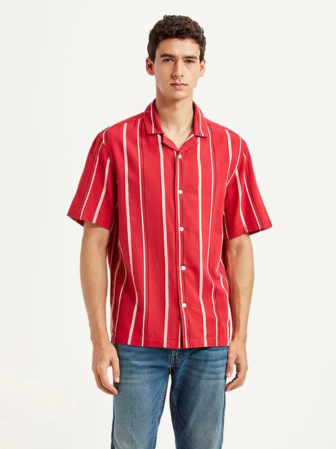 Levi's Men's Striped Red Relaxed Fit Camp Shirt